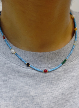 蓝松彩石串珠项链新中式国风