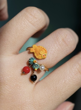 童话风热带鱼造型戒指手绘珐琅