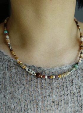 【清仓特价】多种彩石管珠撞色绿黄棕红斑点项链时髦个性艺术设计