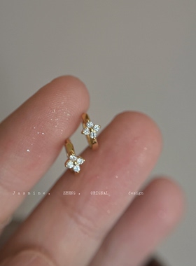 小花～mini耳扣 S925银耳圈镀14K金四叶花耳骨圈耳钉养耳免摘低位