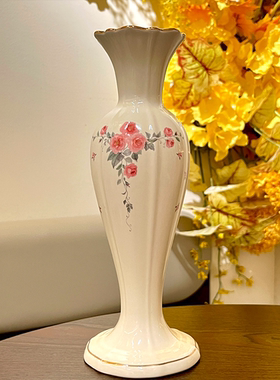 小美人 奶油色贴花描金陶瓷花瓶细长花器欧式水培鲜花 欧月花瓶