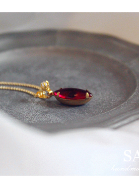 优雅小姐｜西德vintage古董橄榄形爪镶深红莱茵石手工项链