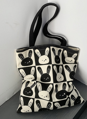 可爱兔子新款帆布包女单肩大容量学生上课手提拉链日韩帆布袋