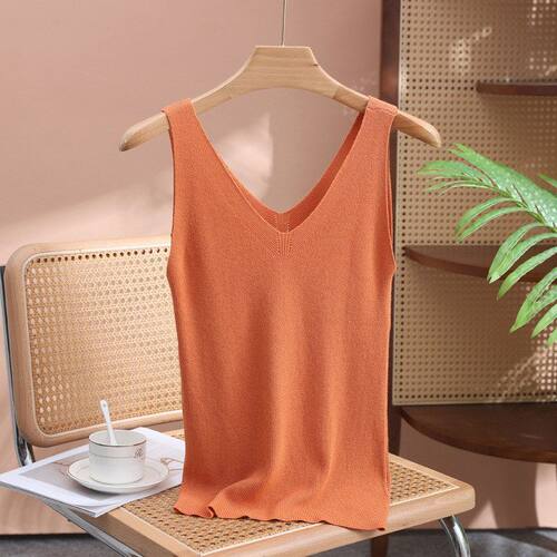 白色小搭无袖打底吊带衫V修身针织冰丝上衣女夏内领背心外穿 - 图1