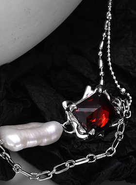 PREDAMS 创意小众设计师款S925纯银潮流时尚ins风红宝石项链