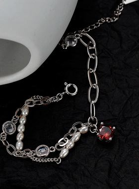 PREDAMS 创意小众设计师款S925纯银潮流时尚红宝石锆石手链