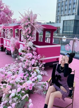 户外粉色小火车模型摆件