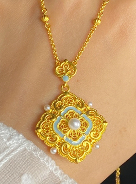 古法四合如意珐琅珍珠项链吊坠复古高级轻奢气质精致锁骨链女百搭