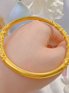 古法传承仿真紫荆花卷草纹实心手镯越南纯沙金闭口99实心婚礼饰品