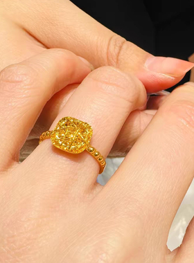 轻奢精品爆闪拉丝小方糖开口戒指女5G黄金色沙仿真戒指婚礼饰品