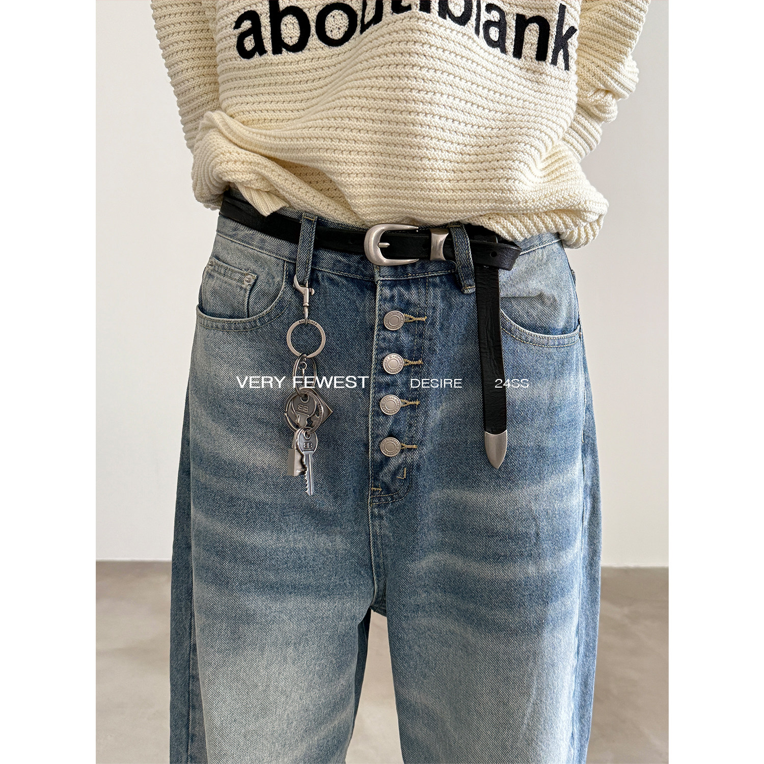 VERY FEWEST 小众纽扣门禁直筒牛仔裤男女款设计感猫须水洗阔腿裤 - 图1