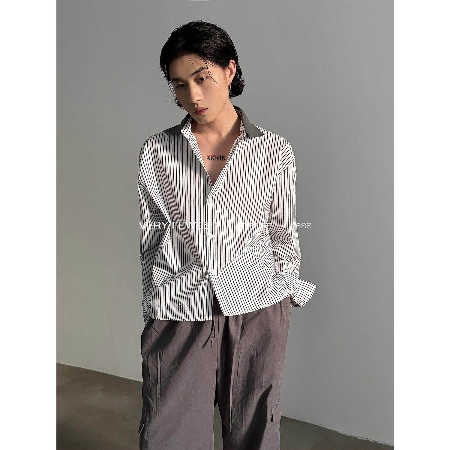 VERY FEWEST 时髦设计感螺纹领拼接条纹短款长袖衬衫松弛感衬衣