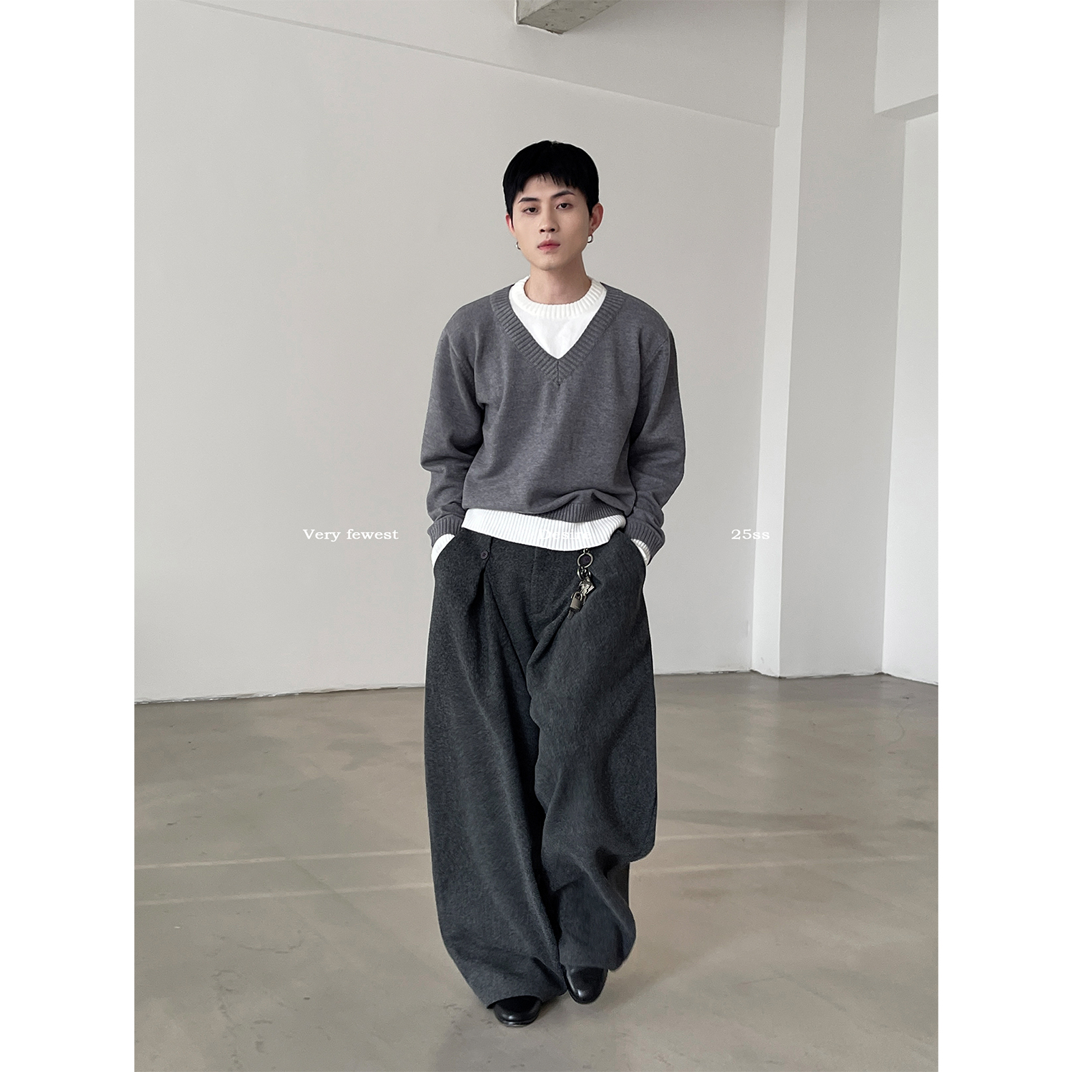 VERY FEWEST 懒人叠穿风双层撞色假两件针织衫羊毛混纺松弛感毛衣 - 图0