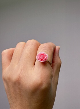 微钩玫瑰花戒指女新款甜美爱心戒指成品纯手工钩织80号蕾丝线钩织