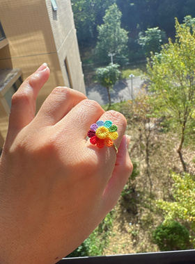 微钩戒指蕾丝线钩织成品九色花七色花戒指80号蕾丝线钩织戒指