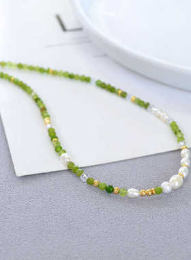 小众锁骨链橄榄绿色雅致真石串珠
