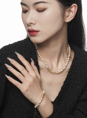 925纯银碎银子淡水珍珠颈链