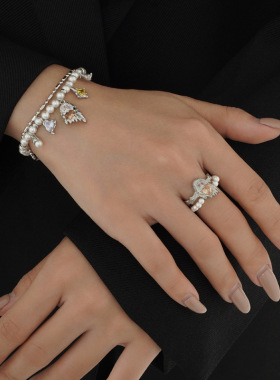 潮爆珍珠戒指女小众纯银幽灵