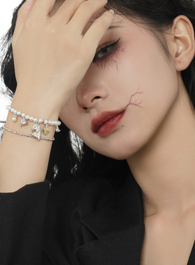潮爆彩锆珍珠手链女小众纯银幽灵