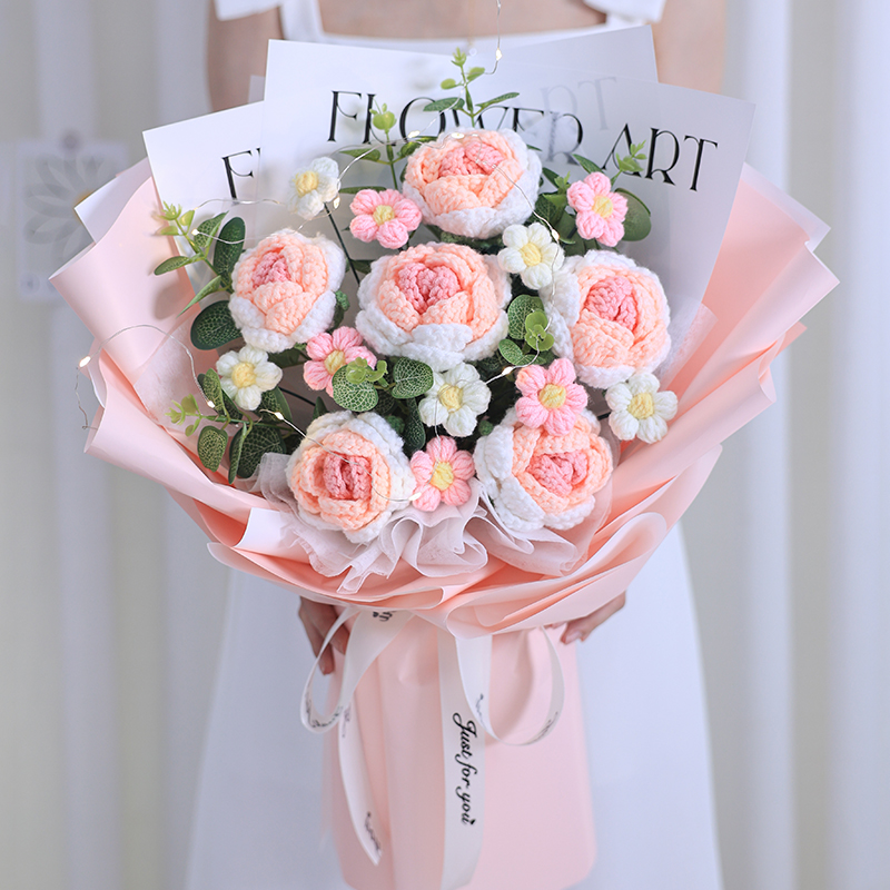 毕业手工花束生日礼物仿真永生花针织毛线玫瑰郁金香送女闺蜜妈妈