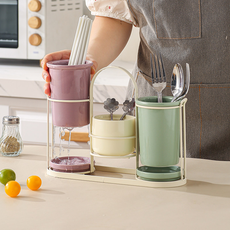 Nordic ceramic chopstick tube chopstick basket household kitchen tableware knife fork spoon chopstick storage jar chopstick cage rack porous drain