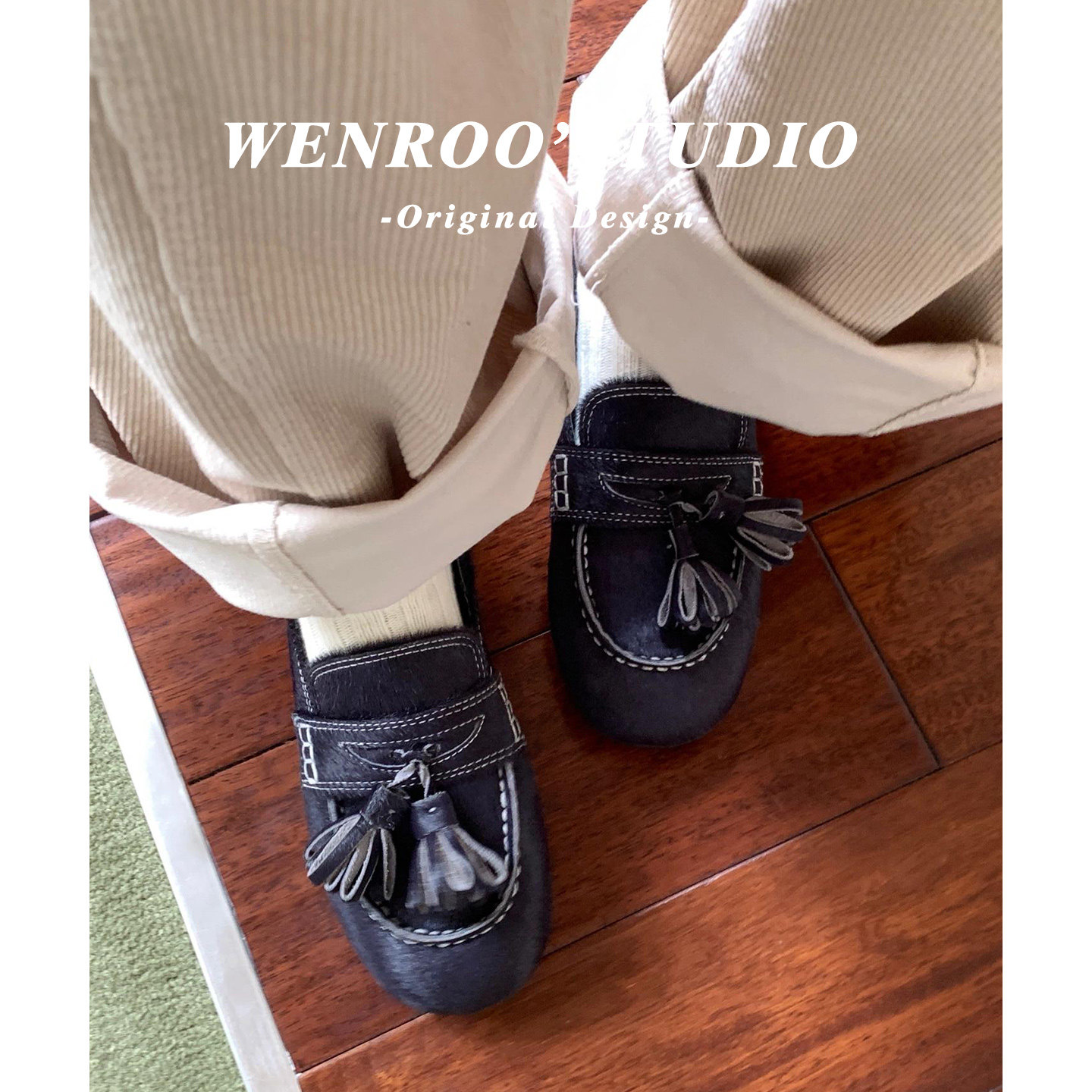 绿色小众流苏马毛平底乐福豆豆鞋女2026新款复古两穿踩脚深口单鞋,淘宝优惠券,粉丝福利购,淘宝优惠卷