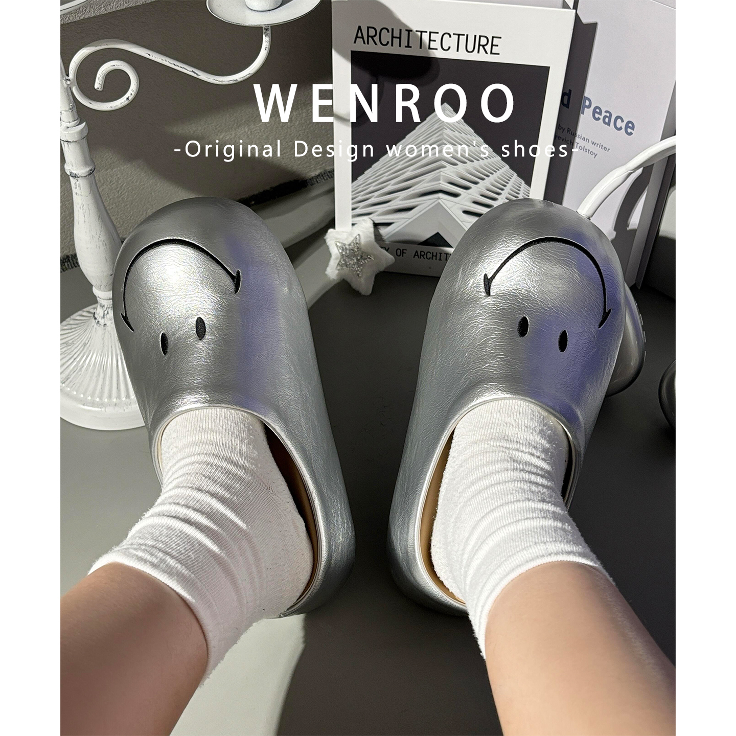 孟子义同款黄色笑脸勃肯鞋女外穿2025秋季新款真皮刺绣包头半拖鞋 - 图3