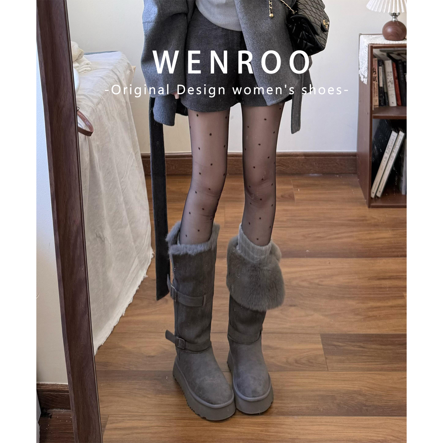 灰色复古加绒加厚底高筒雪地靴女2025秋冬新款灰色保暖毛毛长筒靴 - 图0