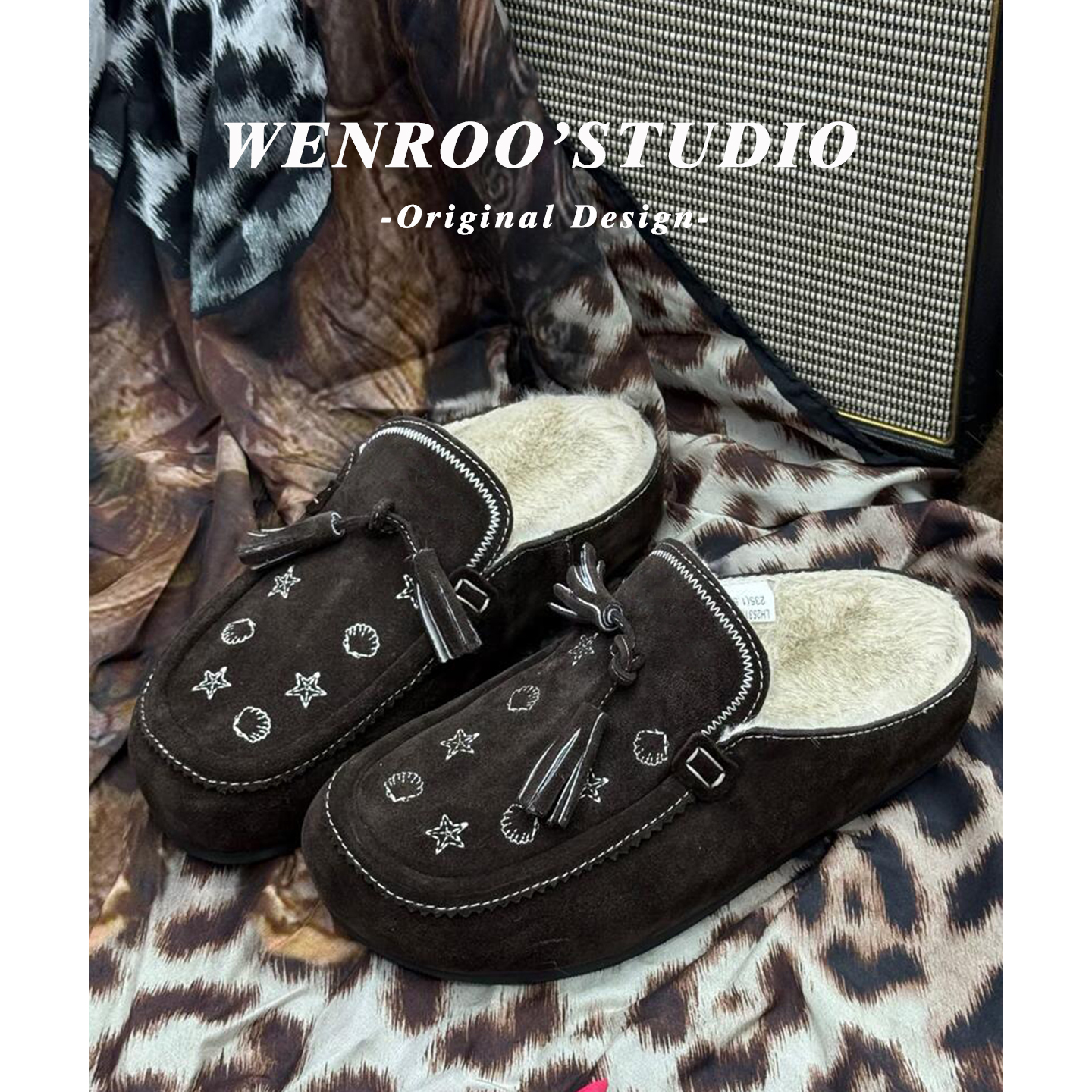 小众刺绣流苏加绒真皮包头棉拖女外穿2025秋冬新款复古毛毛勃肯鞋 - 图0