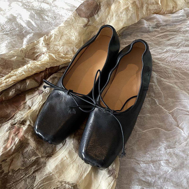 复古方头中跟绑带芭蕾风舞鞋外穿2025春季新款仙女水洗猪鼻子单鞋 - 图3