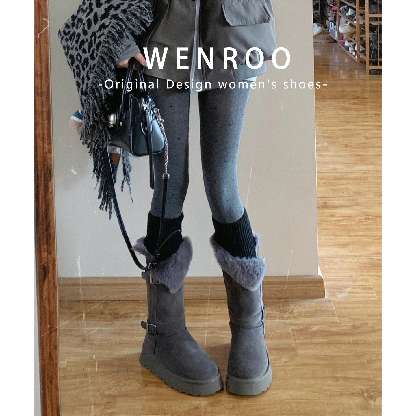 灰色复古加绒加厚底高筒雪地靴女2025秋冬新款灰色保暖毛毛长筒靴 - 图1
