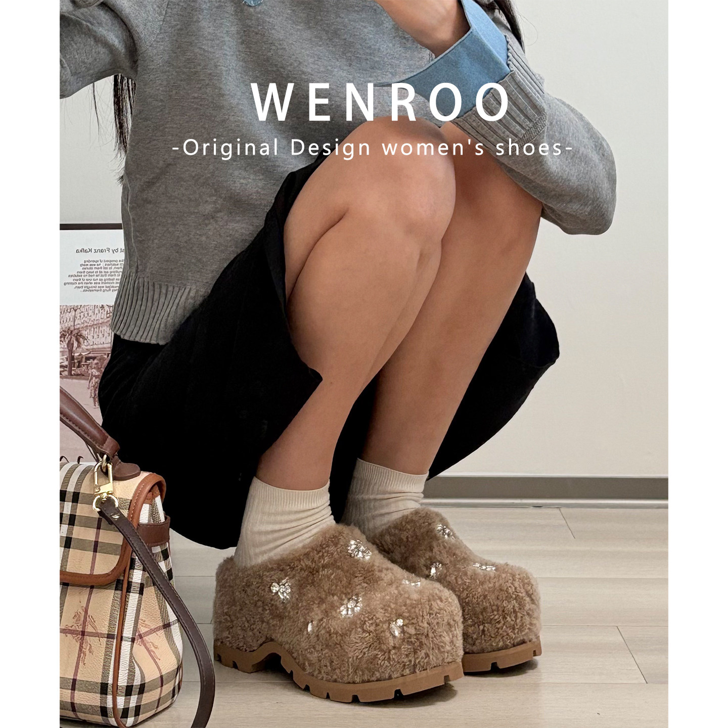 棕色水钻松糕厚底羊羔毛毛包头半拖棉鞋女冬季外穿加绒保暖勃肯鞋,淘宝优惠券,粉丝福利购,淘宝优惠卷