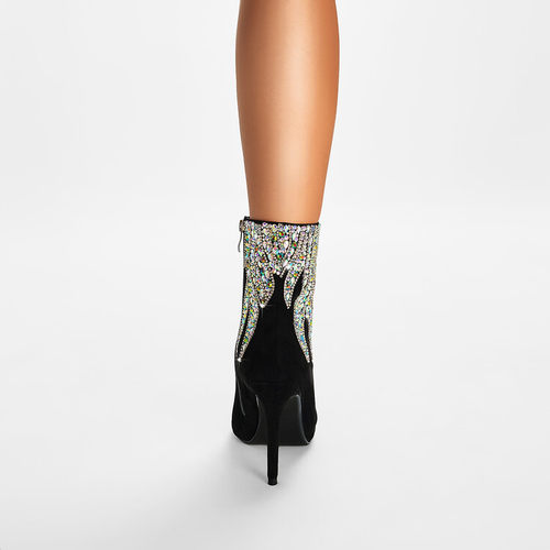 35-46码大尺码尖头手工幻彩水钻火焰短靴时尚夜店性感细跟女靴子 - 图0