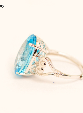 原创设计祥云戒指16克拉天然瑞士蓝托帕石纯银镀金指环活口不带钻