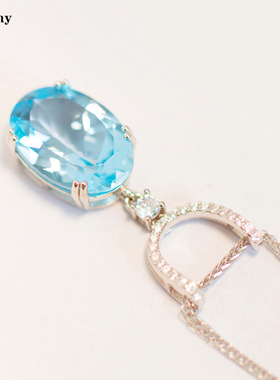 简约天然托帕石吊坠S925纯银镀金项坠海蓝宝石色项链送礼物女