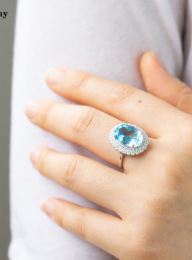 9克拉天然海蓝宝石色托帕石戒指纯银镀金不过敏活口女送老婆礼物