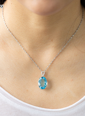 16克拉天然托帕石吊坠S925纯银镀金不过敏瑞士蓝项链简约项坠正品