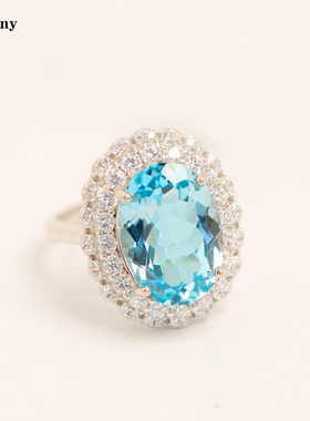 豪华吊坠9克拉天然托帕石项链纯银镀金戒指海蓝宝石色套装礼物女