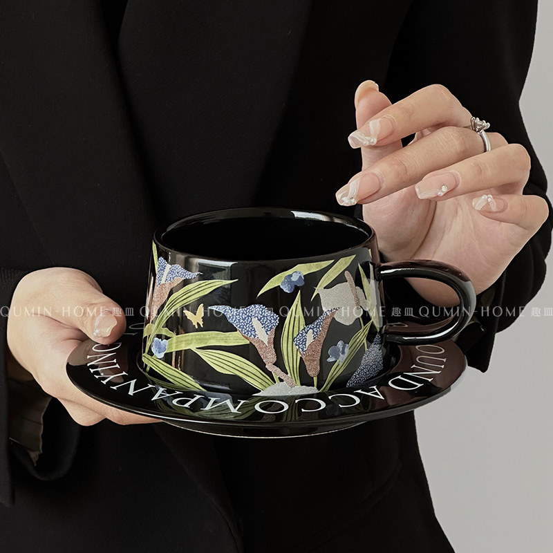 趣皿 复古水彩手绘鹏游蝶梦咖啡杯碟陶瓷杯下午茶小众拉花杯礼物 - 图1