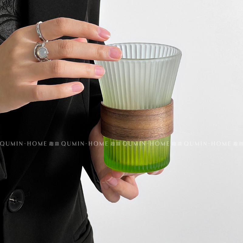 趣皿*竖纹玻璃杯渐变绿小众家用水杯子轻奢挂耳咖啡杯果汁奶茶杯-图3