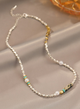 新款轻奢小众绿色石头碎银子项链新款复古串珠锁骨链简约串珠颈链
