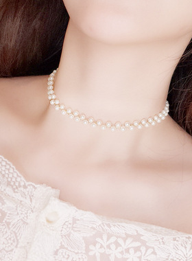 脖子短款黑色水晶珍珠项圈锁骨链