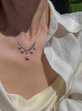 欧美轻奢锆石几何珍珠锁骨链