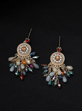 彩色水晶串珠波西米亚流苏耳环