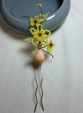 子规 原创手工辑珠编织花朵菊花发簪女黄色花朵造型发饰汉服头饰