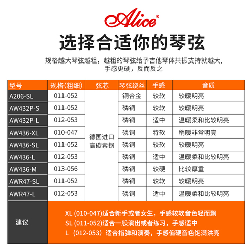 Alice爱丽丝琴弦AW436磷铜民谣木吉他1弦一铉一套6根配件玄线全套