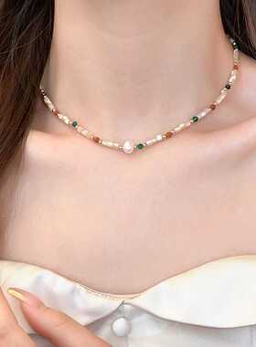 彩色天然石贝壳珍珠项链轻奢小众高级感串珠配饰叠戴多巴胺锁骨链
