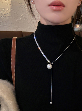 可抽拉闪钻珍珠长款项链轻奢小众