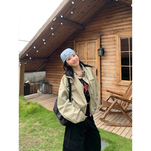 美式复古工装风宽松短款机车夹克外套女2026秋季新款 - 图1
