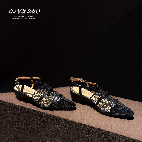 【七与多】5cm/编织美学 复古时尚镂空网网鞋尖头粗跟细带凉鞋女 - 图2